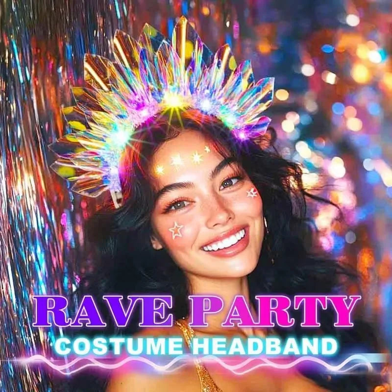 A young woman wearing a colorful LED glowing costume headband with sparkling lights.