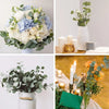 A collection of artificial eucalyptus stems in various shades and arrangements for floral decor.