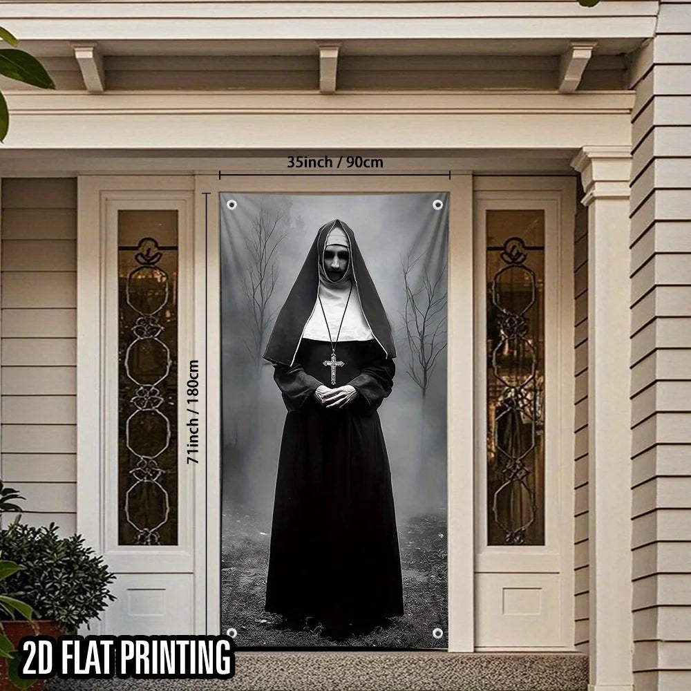 A framed print of a creepy nun in a black habit standing in front of a white door.