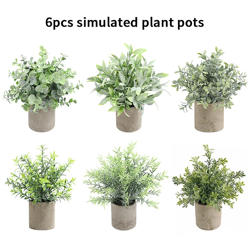 Six simulated plant pots featuring lifelike eucalyptus greenery in rustic gray pots.