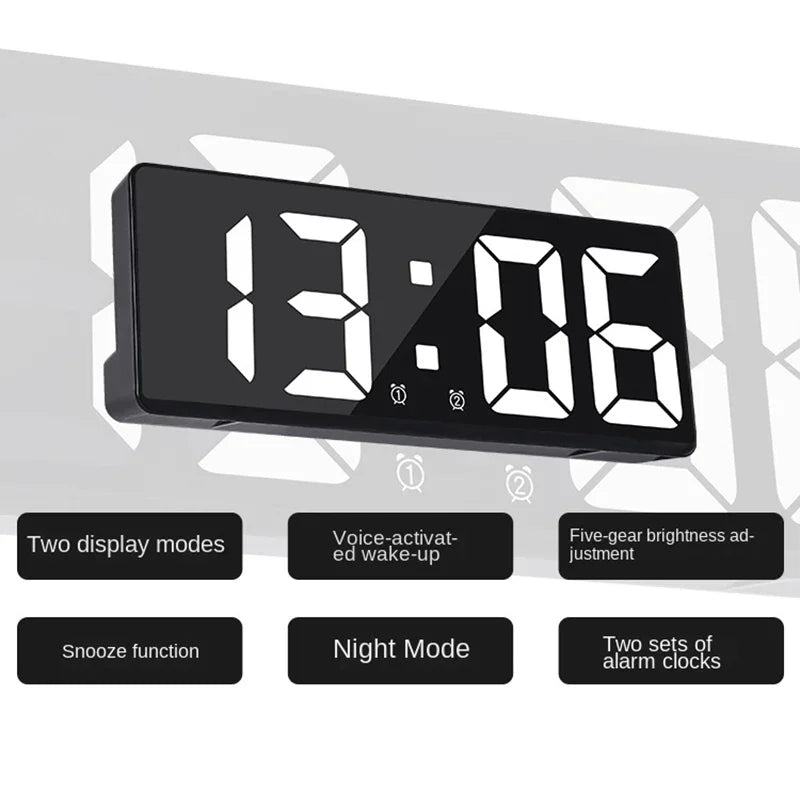 A black LED digital alarm clock displaying 13:06, with features like two display modes, voice-activated wake-up, and night mo