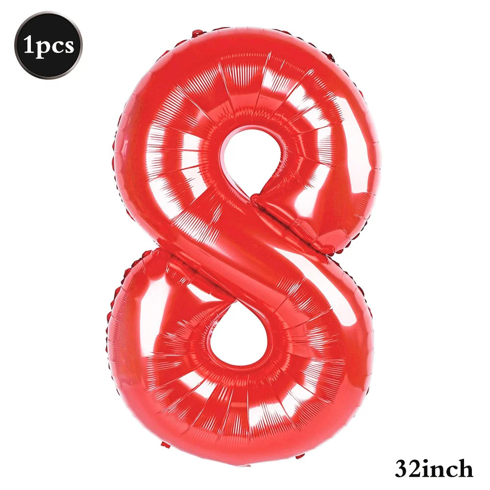 A shiny red foil balloon shaped like the number 8, indicating a 32-inch size.