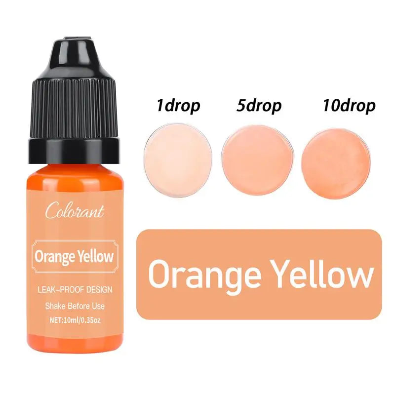 A bottle of Orange Yellow liquid pigment with dropper tips showing 1, 5, and 10 drops.