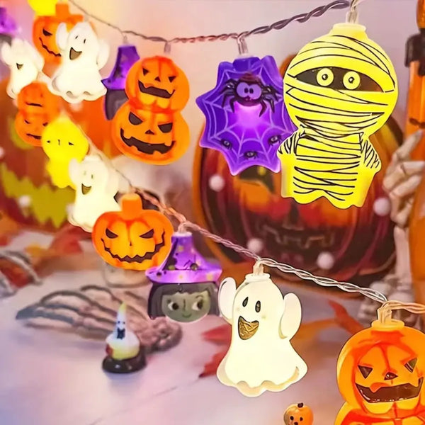 Battery-operated Halloween string lights featuring various seasonal motifs like pumpkins and spiders.