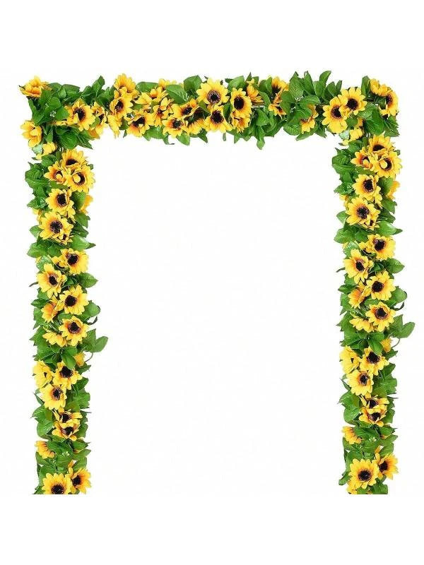 A green silk sunflower vine garland forming a rectangular archway for weddings and home decor.