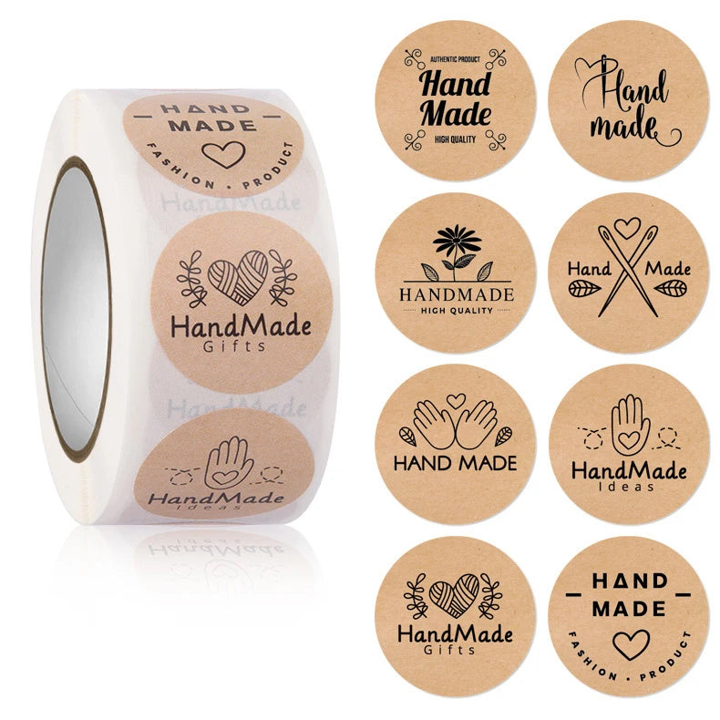 Roll of kraft paper hand made thank you stickers and round labels for small business packaging