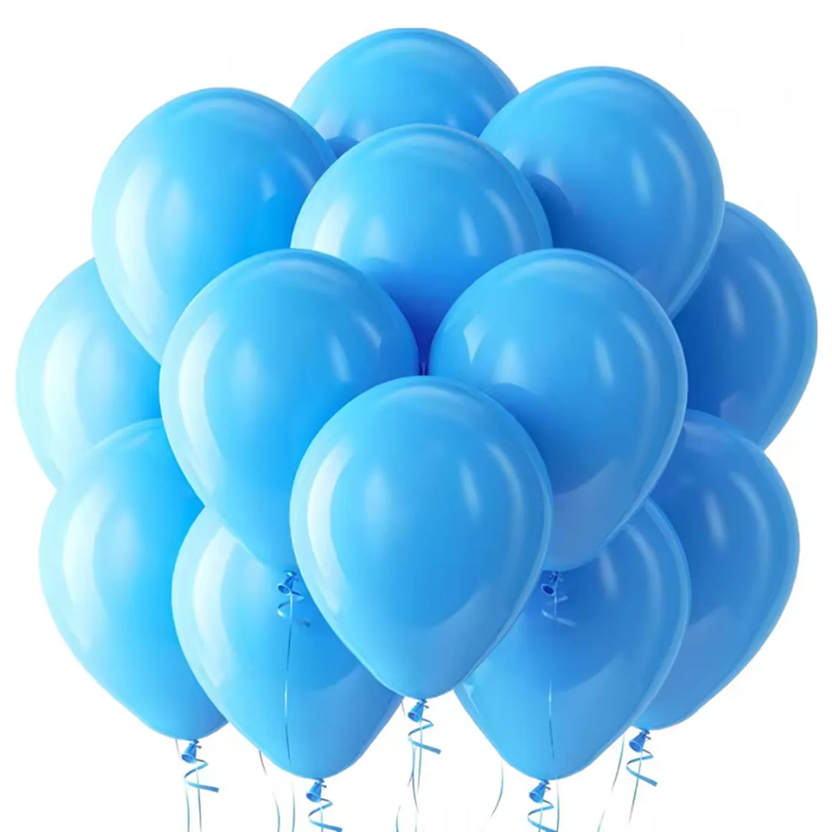 A bunch of light blue latex balloons floating against a white background.