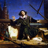 A painting depicting a figure in historical attire standing on a balcony against a night sky backdrop.