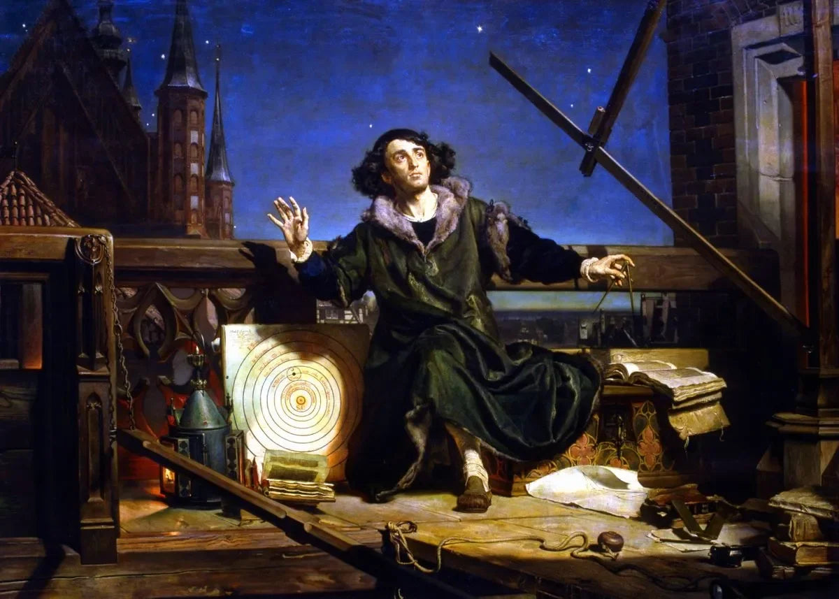 A painting depicting a figure in historical attire standing on a balcony against a night sky backdrop.