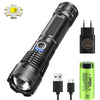 A black rechargeable zoom flashlight with a yellow LED head and USB-C charging port.