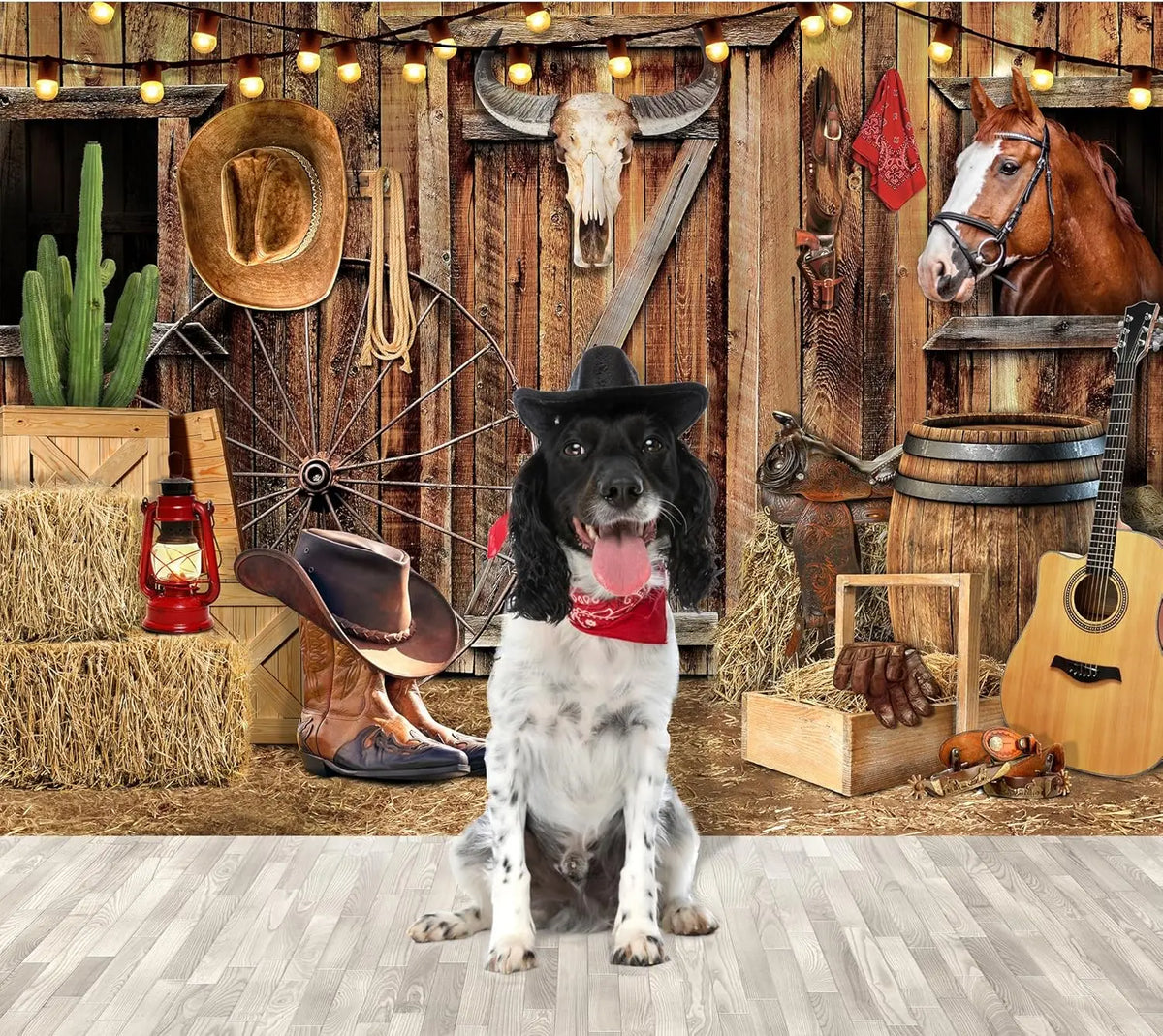 A black and white dog sits in front of a rustic wooden barn door backdrop featuring leather, tools, and a horse.