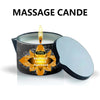 A massage candle in an anti-scalding tin with a lit wick and a silver lid.