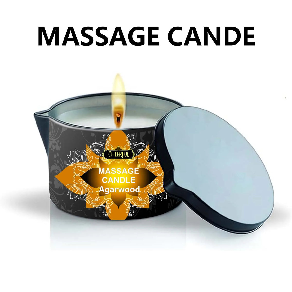 A massage candle in an anti-scalding tin with a lit wick and a silver lid.