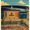 A vintage poster design featuring the Arsenal Emirates Stadium and a crowd of people in front of the stadium.