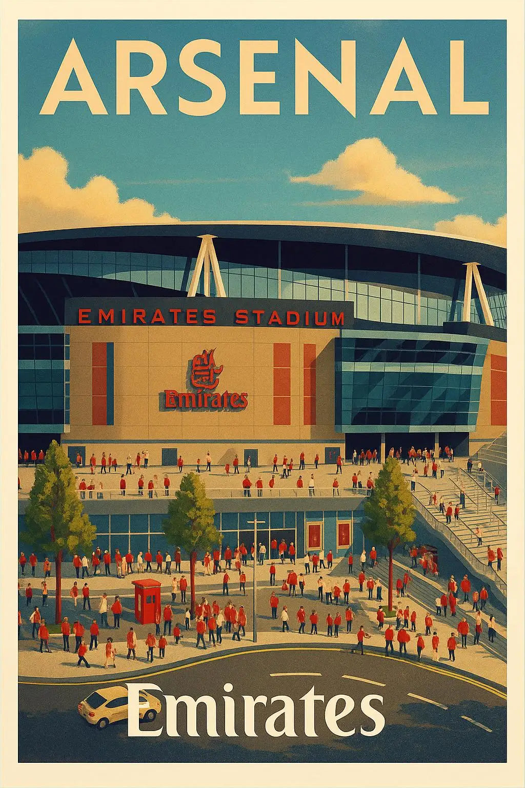 A vintage poster design featuring the Arsenal Emirates Stadium and a crowd of people in front of the stadium.