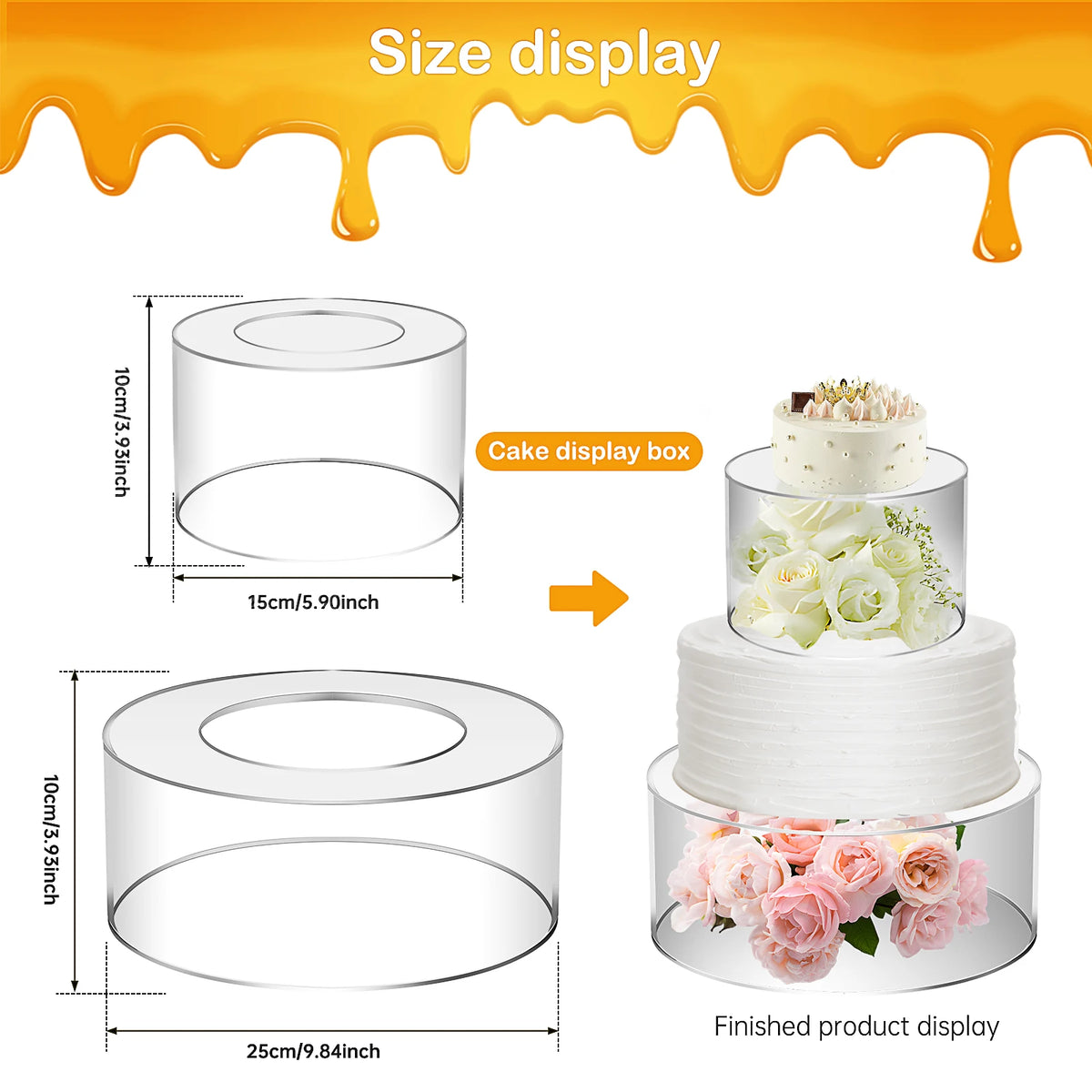 Display of a clear acrylic cake stand with floral decorations and a round glass display box.