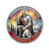 A commemorative coin featuring a warrior figure in armor, titled A Man of Faith, with a cross and laurel wreath.