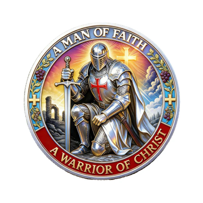 A commemorative coin featuring a warrior figure in armor, titled A Man of Faith, with a cross and laurel wreath.