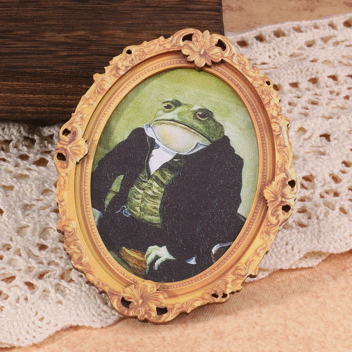 Vintage gentleman frog wooden fridge magnet framed in gold