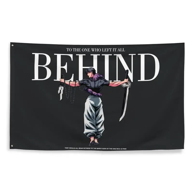 A dark banner featuring a silhouette of a character with a sword and the text TO THE ONE WHO LEFT IT BEHIND