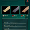 Three samples of decorative lines in Gold, Black, and Rose Gold stainless steel for wall trim installation