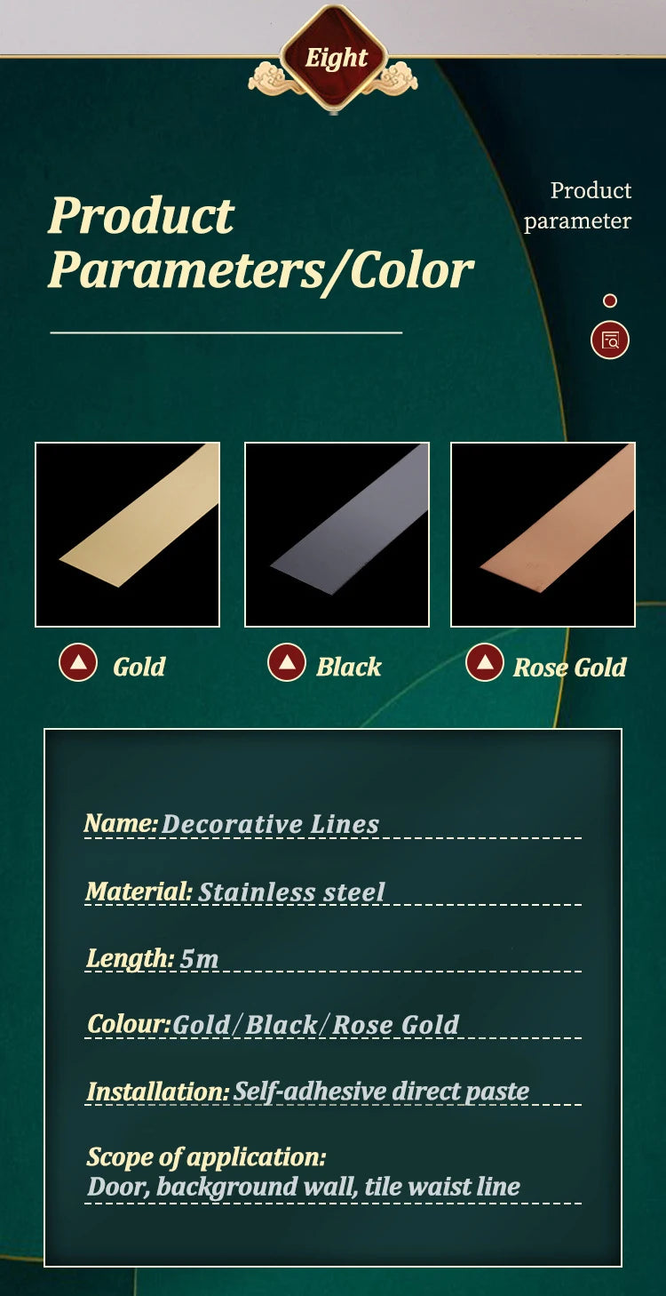 Three samples of decorative lines in Gold, Black, and Rose Gold stainless steel for wall trim installation