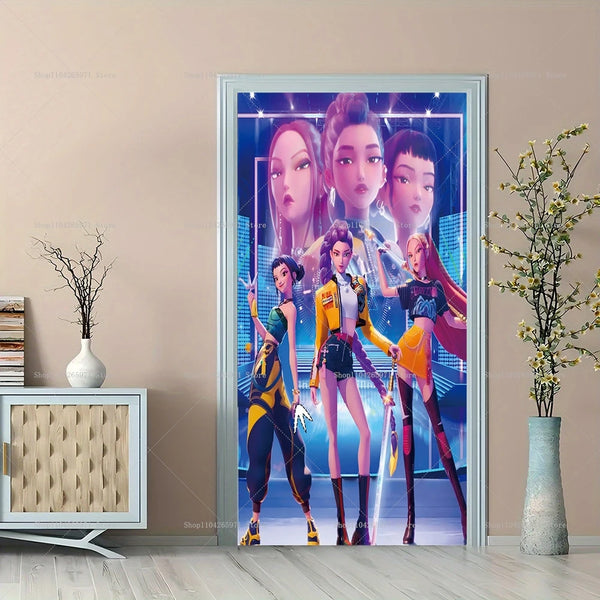 Anime Demon Hunters party backdrop featuring four female characters in vibrant outfits and a futuristic background