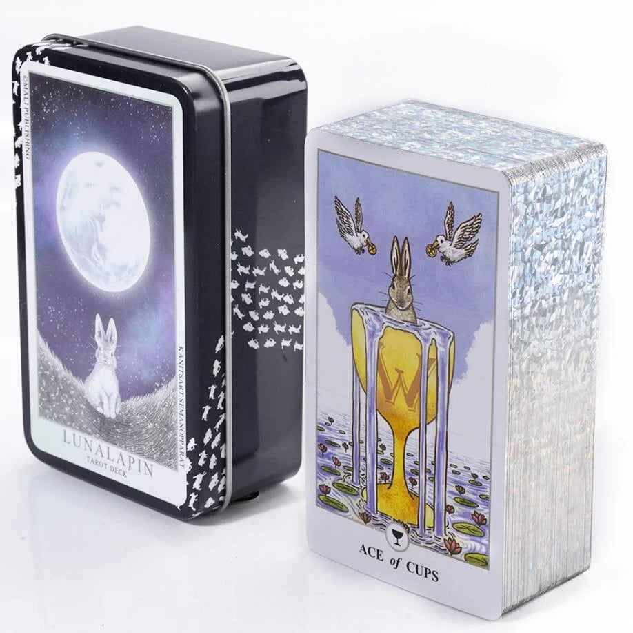 A box of Lunalapin Tarot deck featuring a moon illustration and decorative elements.