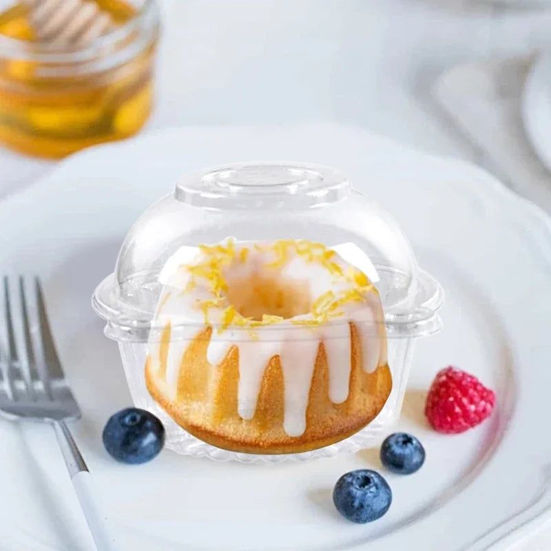 A clear plastic dessert packaging box containing a cake with a white glaze and fresh blueberries on a white plate.