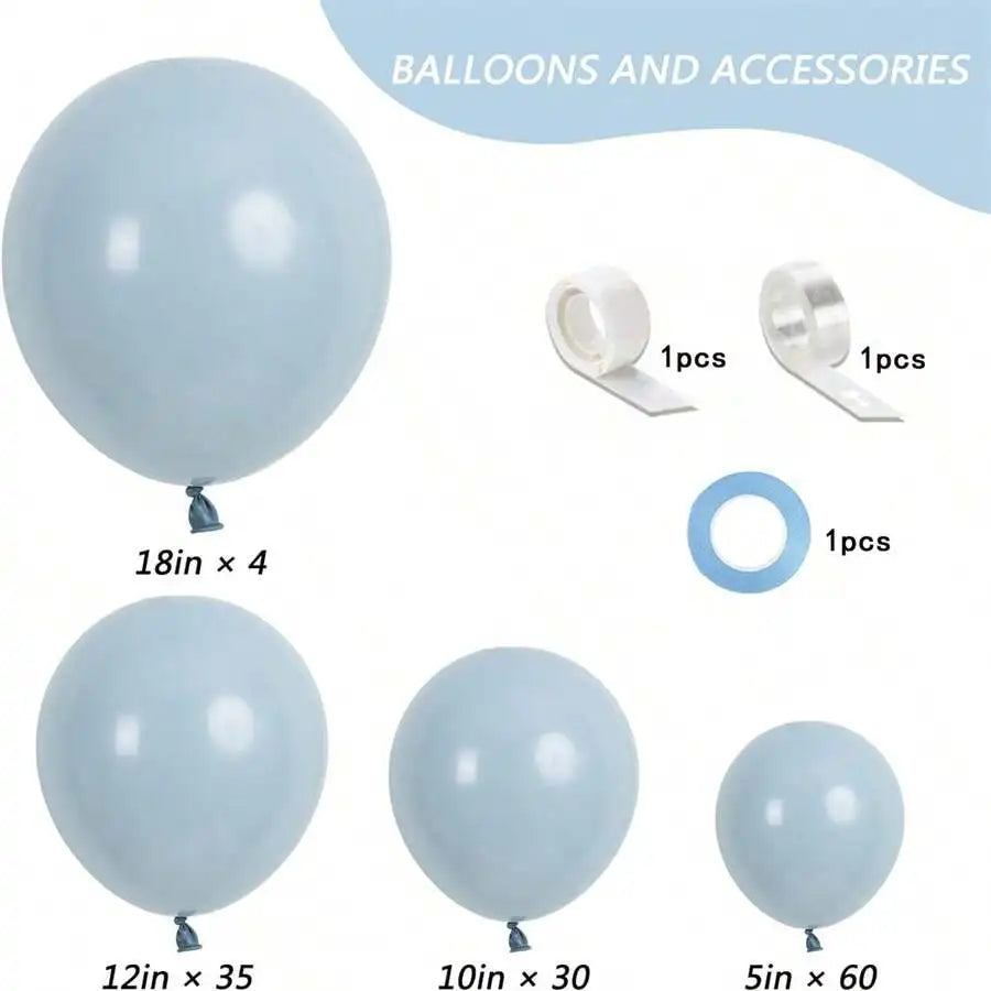 A set of dusty blue latex balloons in various sizes including 18in x 4, 12in x 35, 10in x 30, and 5in x 60, along with access