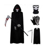 Grim Reaper Halloween costume set featuring a black cape, skull mask, and skeletal hand props.