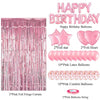 A set of pink and rose gold birthday decorations including a fringe curtain, foil stars, latex balloons, confetti balloons, a