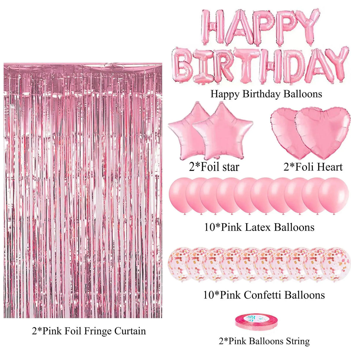 A set of pink and rose gold birthday decorations including a fringe curtain, foil stars, latex balloons, confetti balloons, a