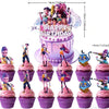 A set of anime hunter girl cake toppers featuring various characters in pink and purple frosting.