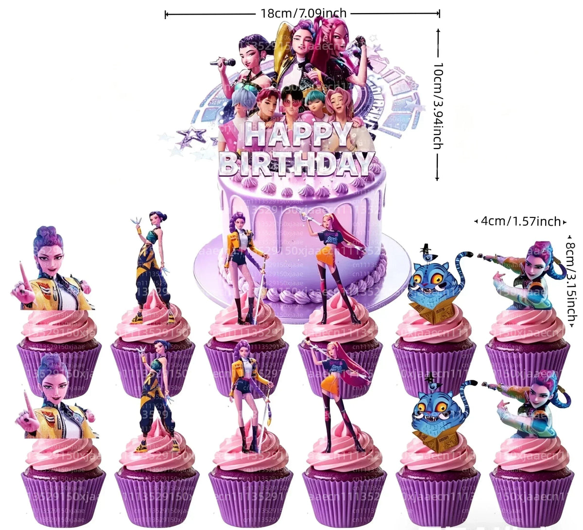 A set of anime hunter girl cake toppers featuring various characters in pink and purple frosting.