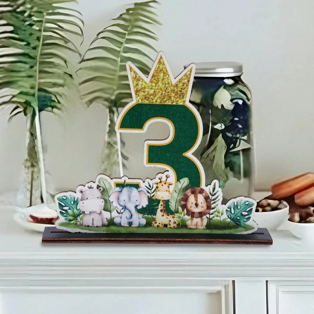 A wooden jungle animal party ornament featuring a crown and various cute animals like elephants and lions.