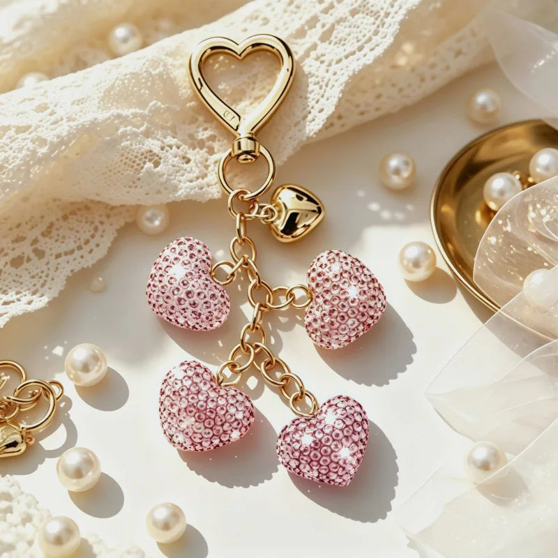 Gold heart-shaped rhinestone keychain with pink and gold accents resting on white lace fabric.