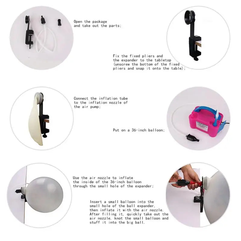 A set of tools and instructions showing how to use a balloon stuffing tool kit with a metal inflator.