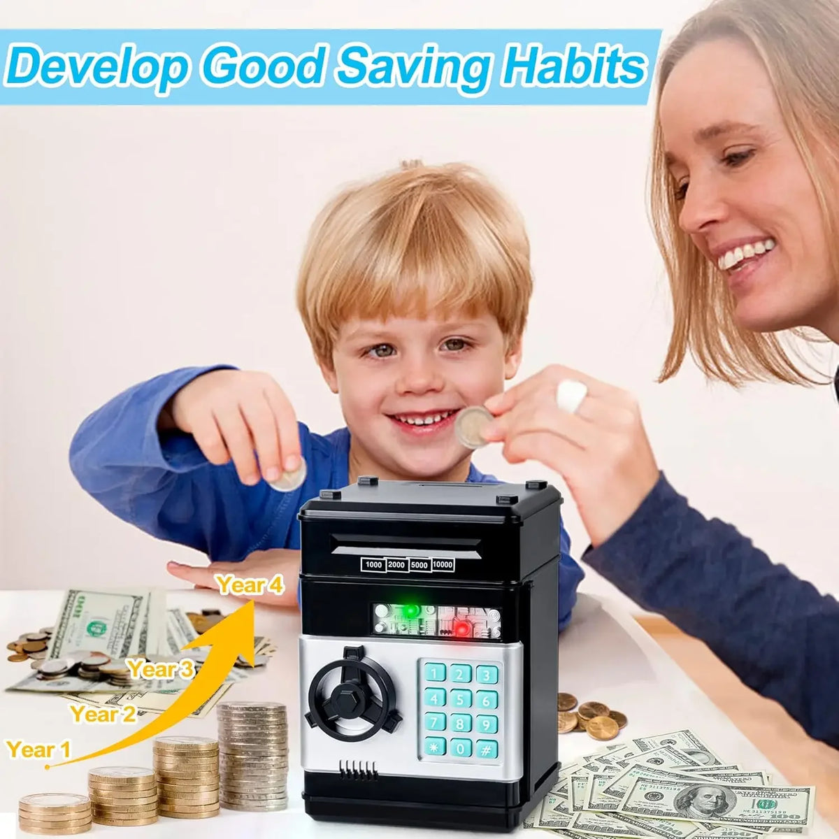 A child is shown interacting with a black combination lock piggy bank and stacks of coins and bills.