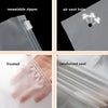 Close-up views of a resealable zipper, air vent hole, frosted material, and reinforced seal on storage bags.