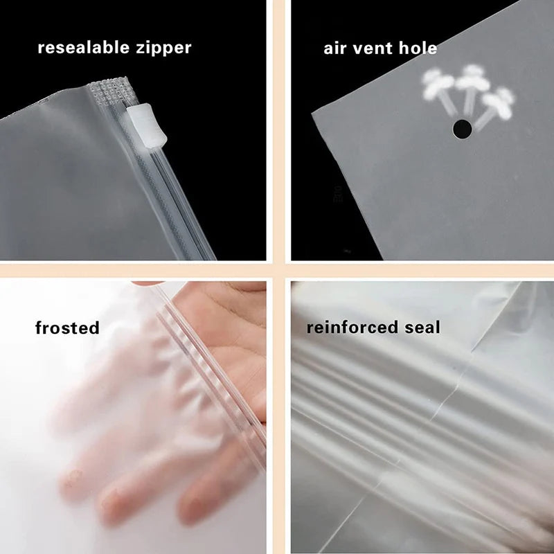 Images showing a resealable zipper, an air vent hole, frosted material, and a reinforced seal on storage bags.