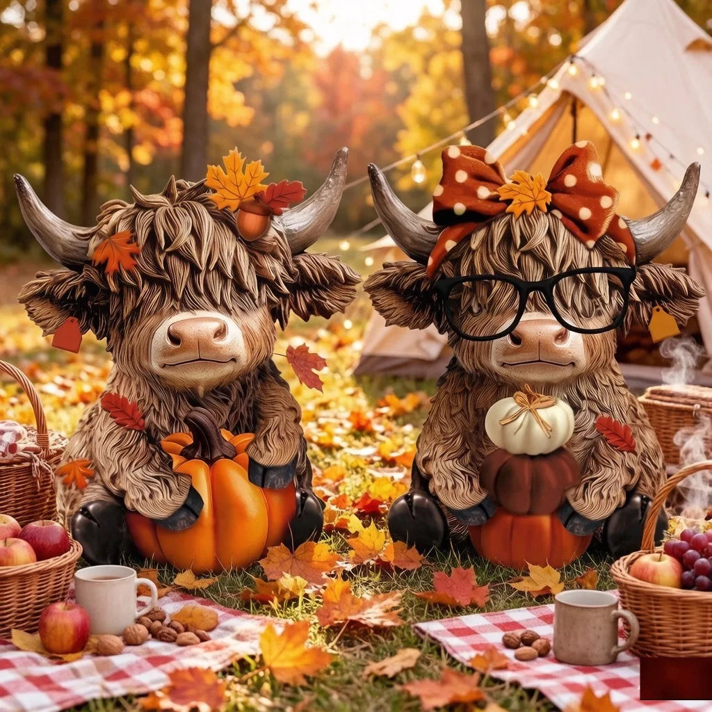 A set of two rustic wooden Highland cow figurines decorated with autumn leaves and pumpkins on a grassy ground.