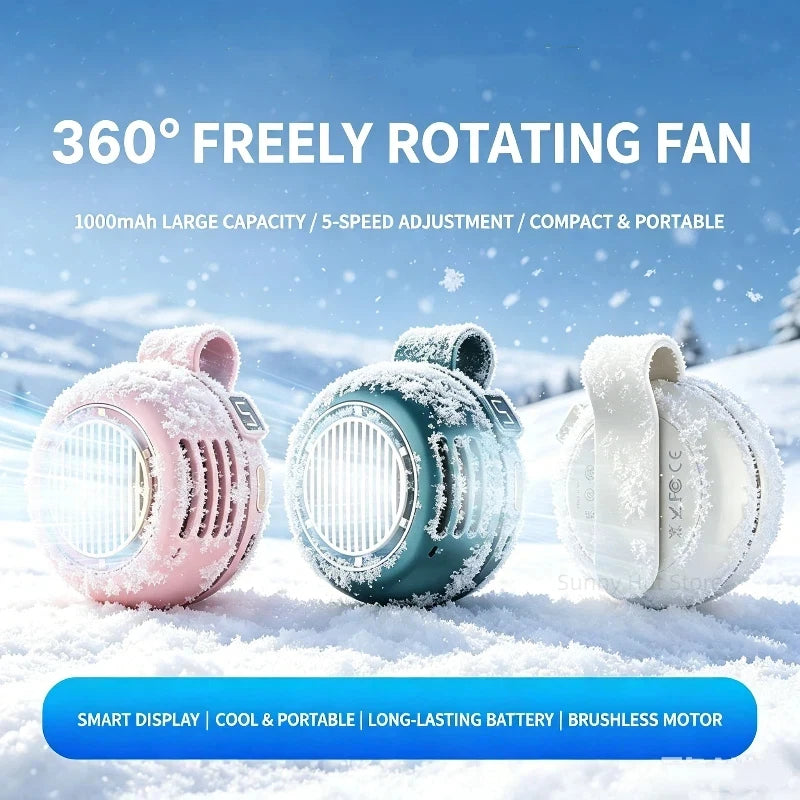 A pink, blue, and white portable bladeless fan is shown in a snowy outdoor setting.