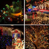 A collection of festive outdoor holiday lights and decorated Christmas trees.