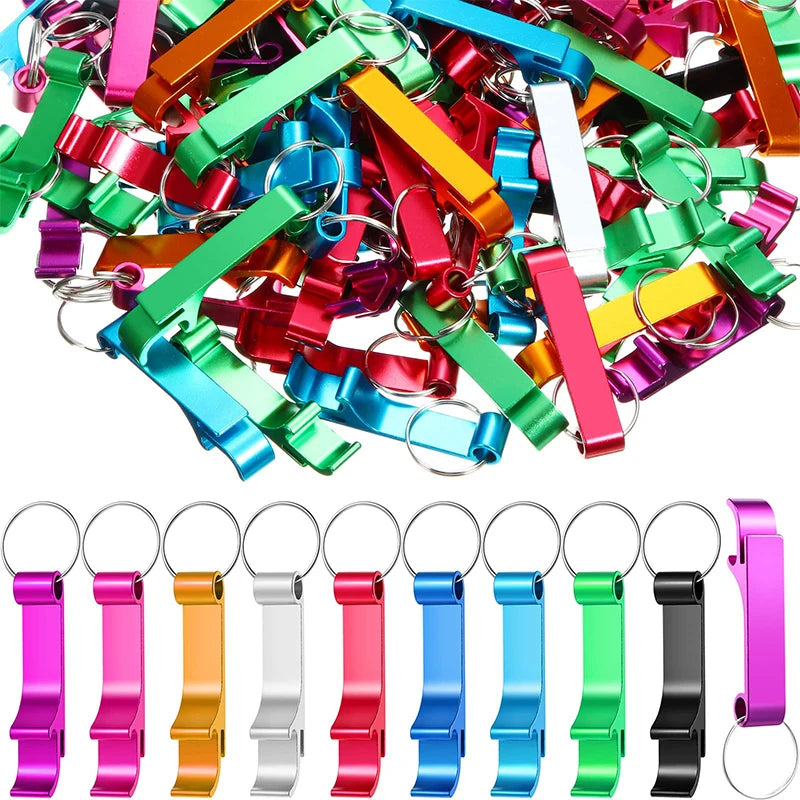 A colorful set of aluminum bottle opener keychains for weddings and parties.