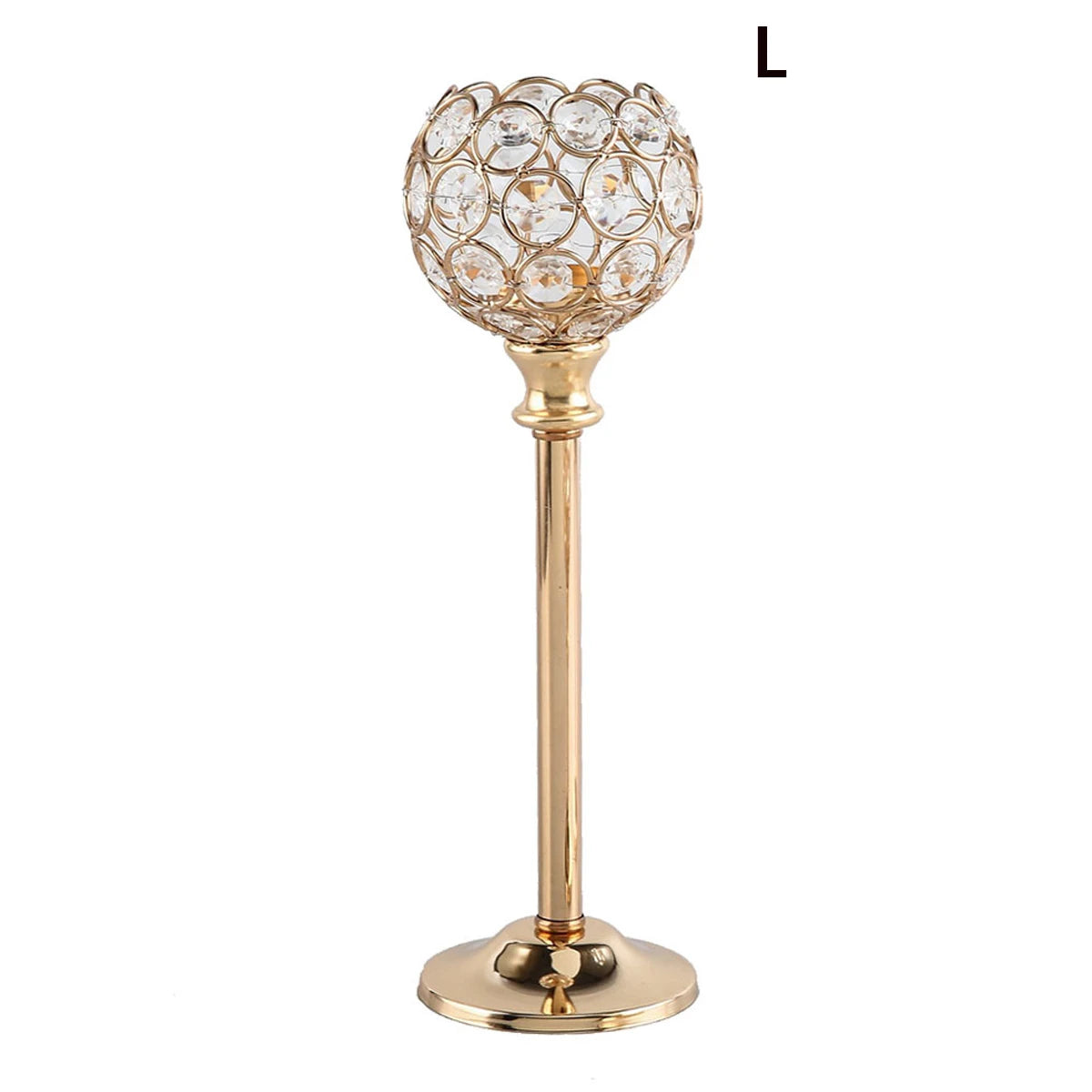 A golden crystal candle holder with a spherical glass shade and a slender stand.