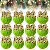 A set of twelve green faux fur Christmas ball ornaments with bows.
