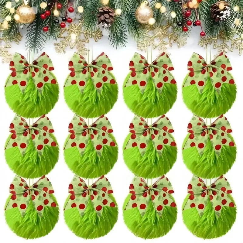 A set of twelve green faux fur Christmas ball ornaments with bows.