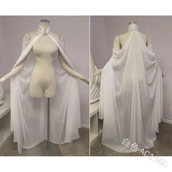 White sheer chiffon cape with tie closure displayed on a mannequin for costume use