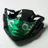 A green cyberpunk half face mask with black straps is shown against a white background.